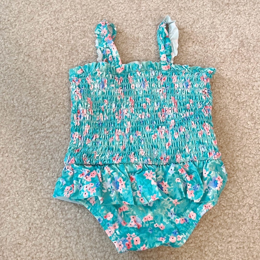 Baby Girl Janie and Jack Ditsy Floral Smocked Swimsuit in sea blue ditsy floral